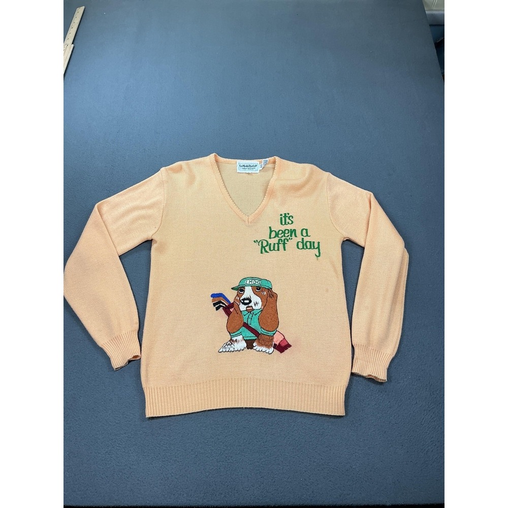 Vintage LaMode DuGolf Sweater Womens Medium Orange Dog Golf V Neck Taiwan 80s